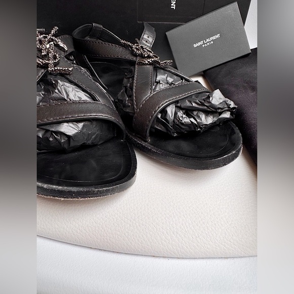 Saint Laurent Black Strappy YSL logo flat sandals black silver 37 + box - Picture 8 of 16